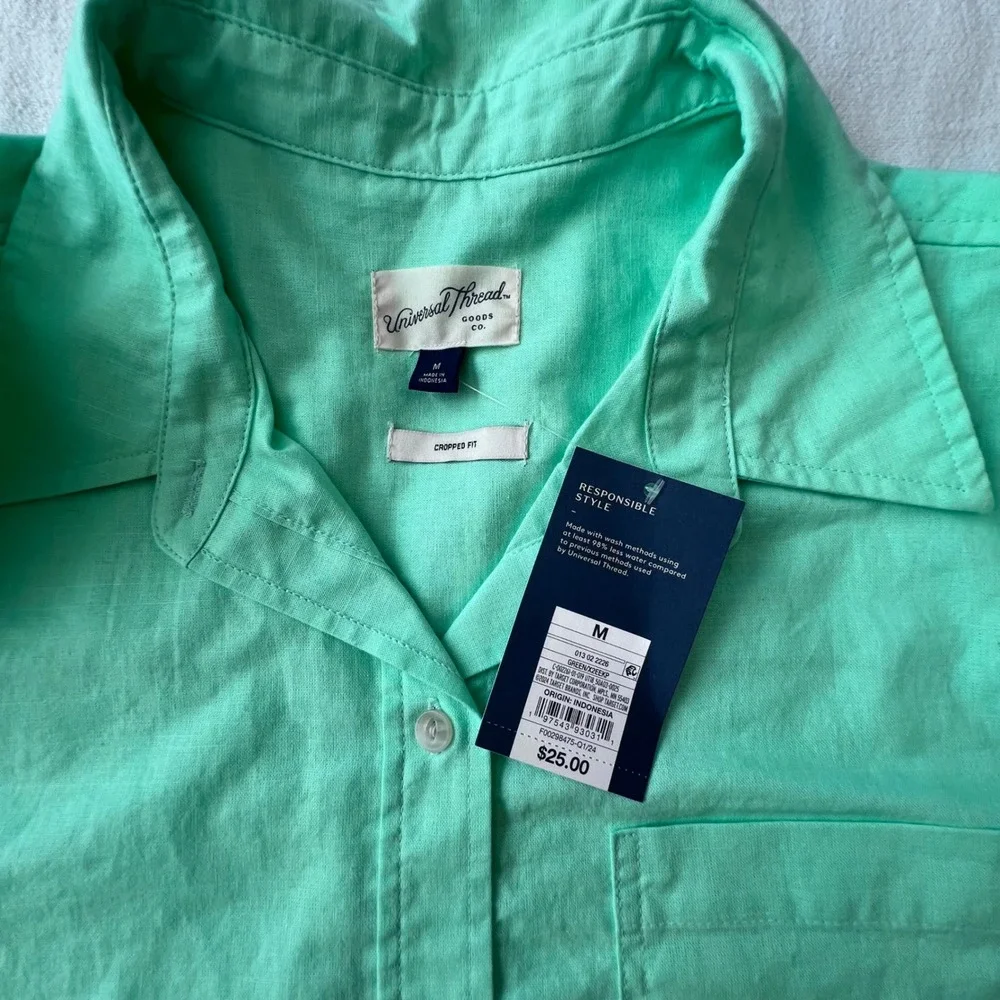 Universal Thread Lime Green Linen Blend Cropped‎ Button Down Shirt Womens Medium - Picture 7 of 8